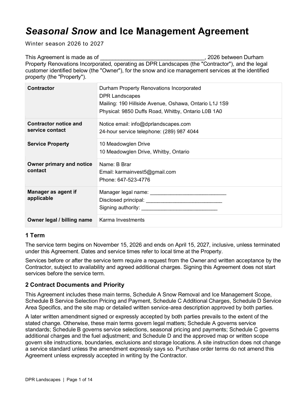 First page of the 10 Meadowglen winter service agreement for 10 Meadowglen Drive