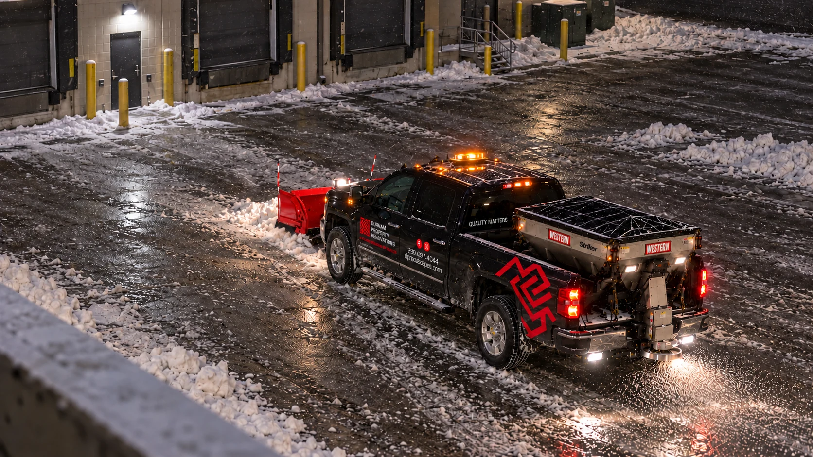 DPR snow-service illustration with a Chevrolet plow truck and salt spreader